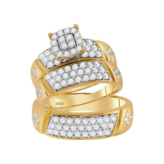 FB Jewels 14kt Yellow Gold His & Hers Round Diamond Cluster Crosses Matching Bridal Wedding Ring Band Set 1-5/8 Cttw