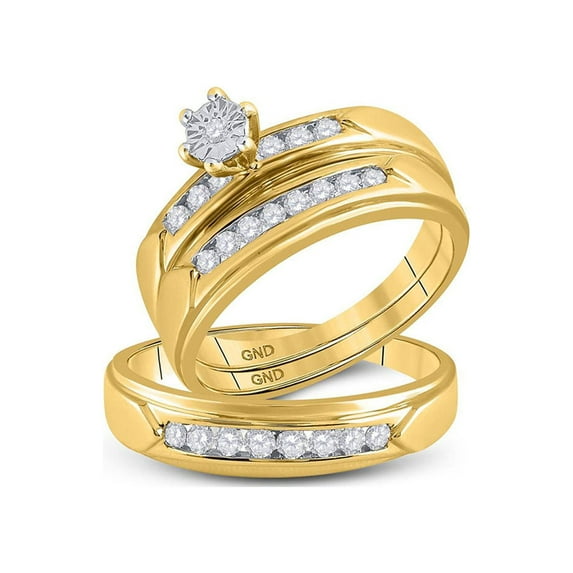 FB Jewels 14kt Yellow Gold His & Hers Round Diamond Solitaire Matching Bridal Wedding Ring Band Set 1/2 Cttw