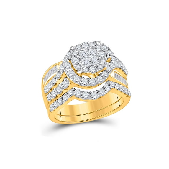 FB Jewels 14kt Yellow Gold Princess Round Diamond Bridal Wedding Ring Band Set 1-3/4 Cttw Size 6.5