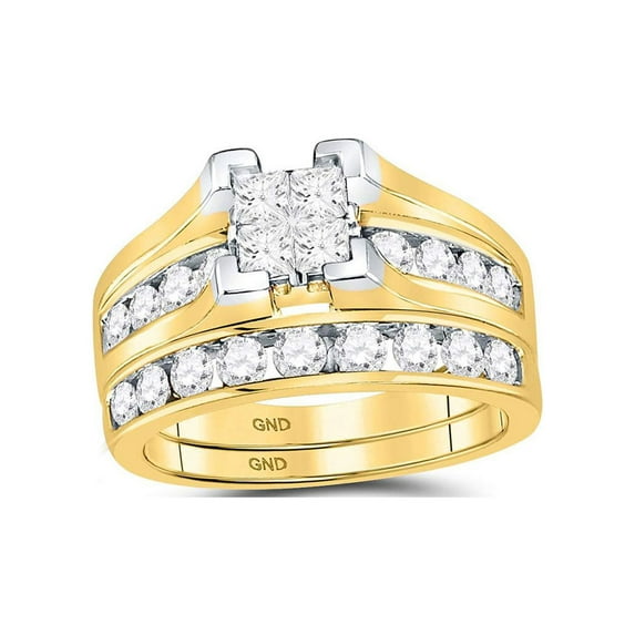FB Jewels 14kt Yellow Gold Womens Princess Diamond Bridal Wedding Engagement Ring Band Set 1-1/2 Cttw