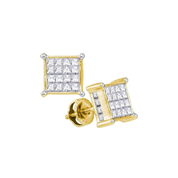 FB Jewels 14kt Yellow Gold Womens Princess Diamond Cluster Stud Earrings 1.00 Cttw