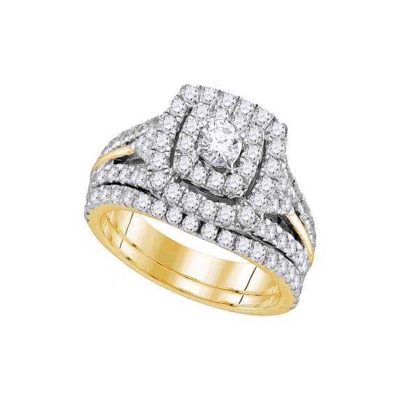 FB Jewels 14kt Yellow Gold Womens Round Diamond Double Halo Bridal Wedding Engagement Ring Band Set 1-7/8 Cttw