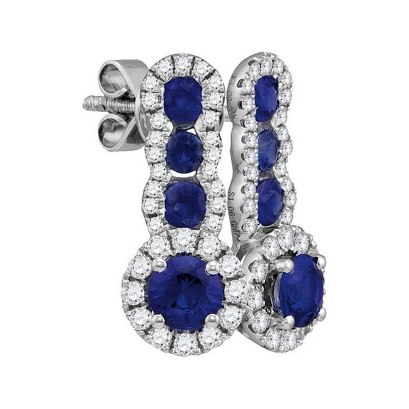 FB Jewels 18kt White Gold Womens Round Blue Sapphire Diamond Fashion Earrings 1-3/8 Cttw