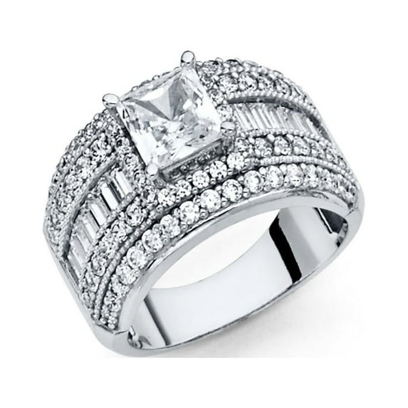 FB Jewels 925 Sterling Silver Princess Cut Round Baguette Cubic Zirconia Engagement Ring Size 5.5