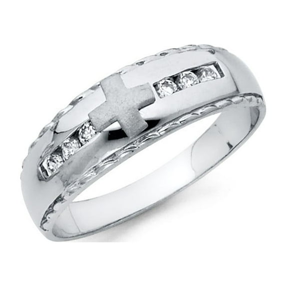 FB Jewels 925 Sterling Silver Ring Channel Set Round Cubic Zirconia CZ Cross Crucifix Religious Mens Anniversary Wedding Band Size 9