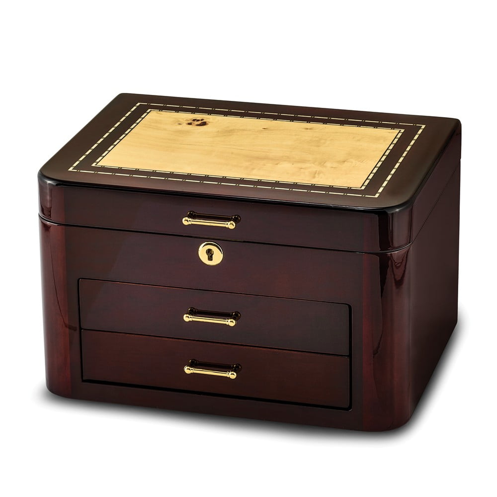 FB Jewels Burgundy Bubinga Wood Veneer w 2 Drawers Jewelry Box