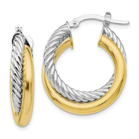 FB Jewels Leslie's 10K Two Tone Color Gold Polished and Textured Hoop Earrings