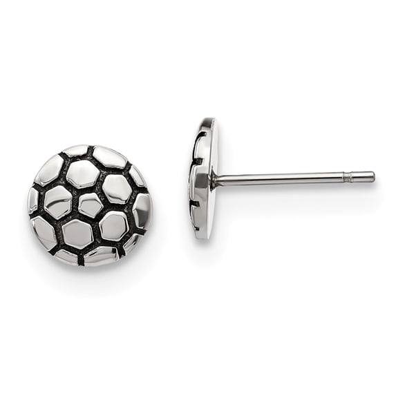 FB Jewels Stainless Steel Antiqued and Polished Soccer Ball Post Earrings