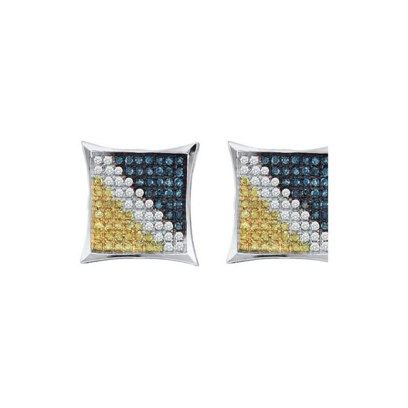 FB Jewels Sterling Silver Mens Round Yellow Color Enhanced Diamond Square Cluster Earrings 1/20 Cttw