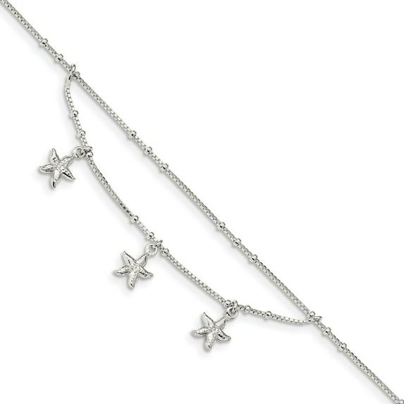 FB Jewels Sterling Silver Polished 2-Strand Starfish 9in w/1in Ext Anklet