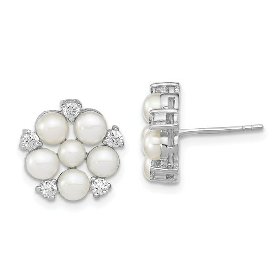 FB Jewels Sterling Silver RH 3-5mm White Button FWC Pearl CZ Post Earrings