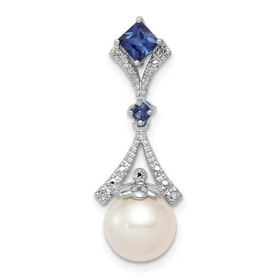 FB Jewels Sterling Silver Rhod Plated Dia. Created Sapphire FW Cultured Pearl Pendant