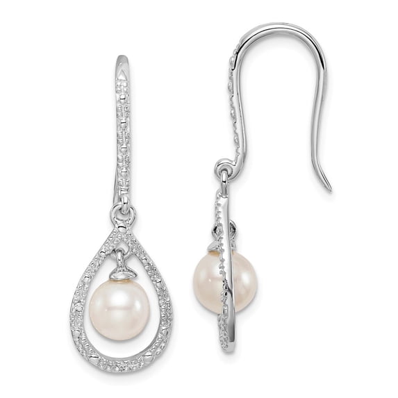 FB Jewels Sterling Silver Rhod Plated Dia. and FW Cultured Pearl Dangle Ear