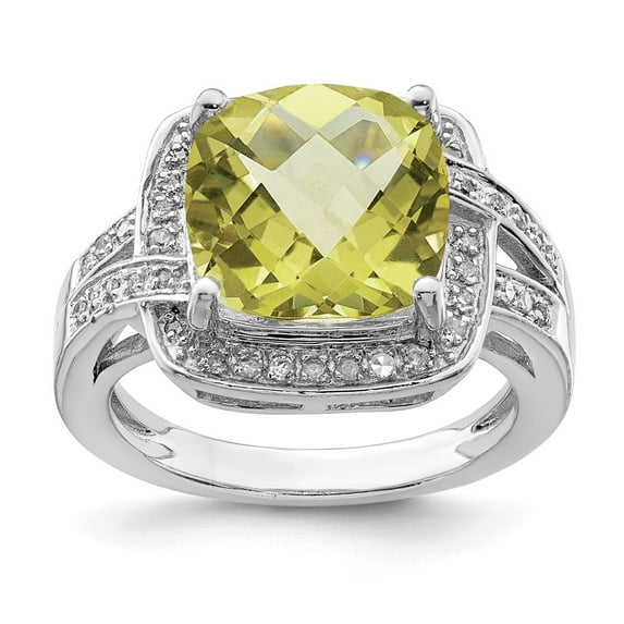 FB Jewels Sterling Silver Rhodium Checker-Cut Lemon Quartz & Diam. Ring