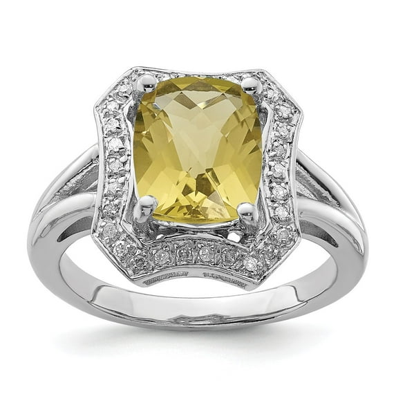 FB Jewels Sterling Silver Rhodium Checker-Cut Lemon Quartz & Diam. Ring