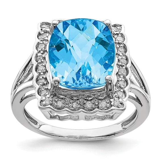 FB Jewels Sterling Silver Rhodium Diam. & Checker-Cut Blue Topaz Ring