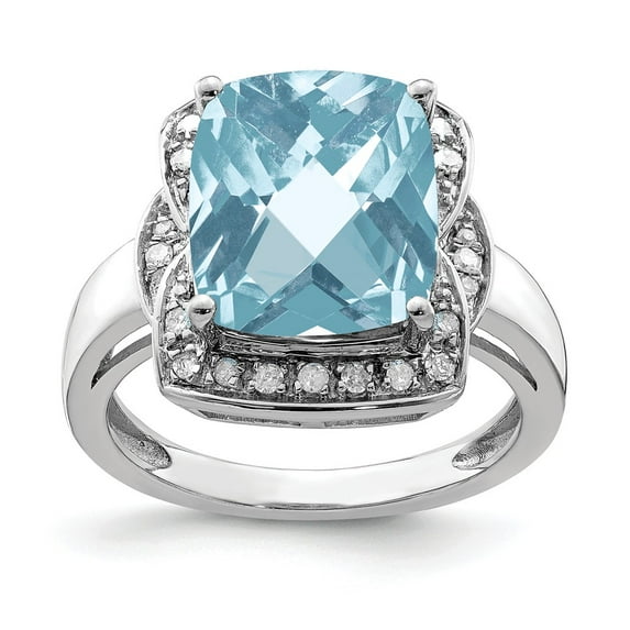 FB Jewels Sterling Silver Rhodium Diam. & Checker-Cut Light Swiss Blue Topaz Ring