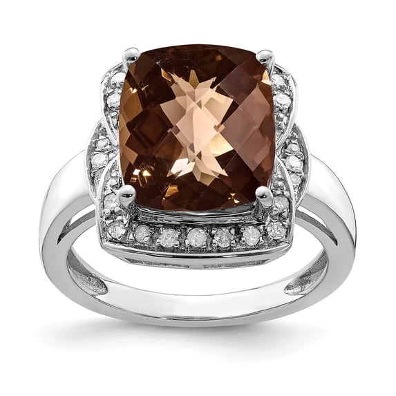 FB Jewels Sterling Silver Rhodium Diam. & Checker-Cut Smoky Quartz Ring