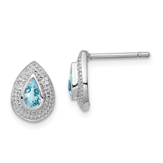 FB Jewels Sterling Silver Rhodium Light Swiss Blue Topaz & Diamond Post Earrings