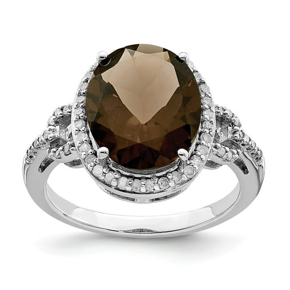 FB Jewels Sterling Silver Rhodium Oval Diam. & Checker-Cut Smoky Quartz Ring