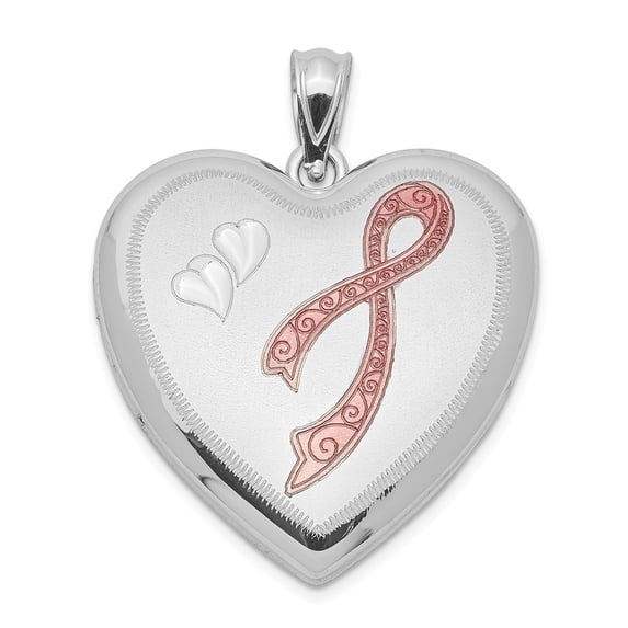 FB Jewels Sterling Silver Rhodium-plated 24mm Enameled, D/C Pink Ribbon Heart Locket