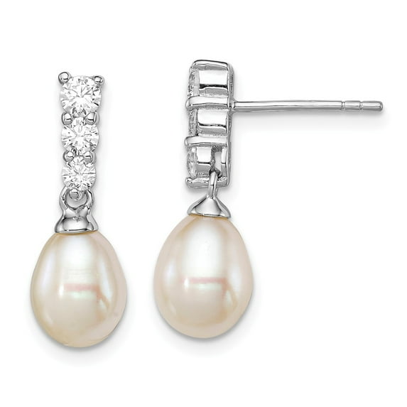 FB Jewels Sterling Silver Rhodium-plated 7-8mm White FWC Pearl CZ Post Dangle Ear