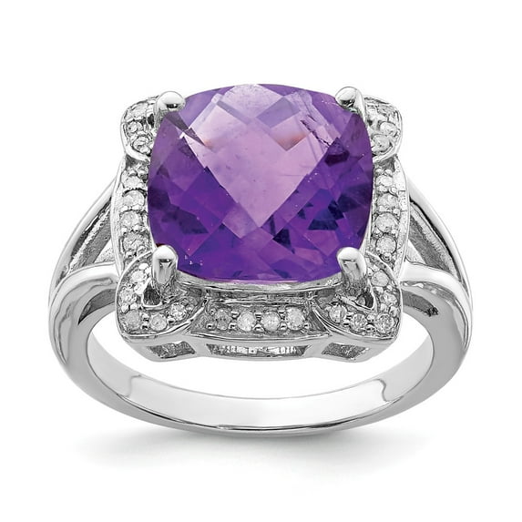 FB Jewels Sterling Silver Rhodium-plated Checker-Cut Amethyst & Diamond Ring