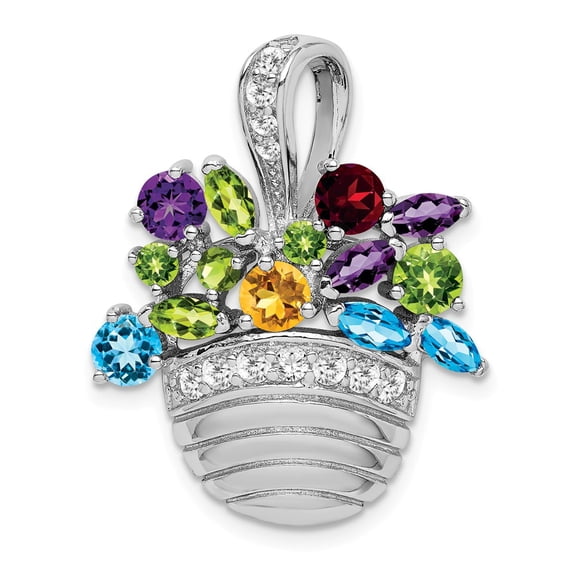 FB Jewels Sterling Silver Rhodium-plated Multi-color Gemstone Basket Pendant/ Pin
