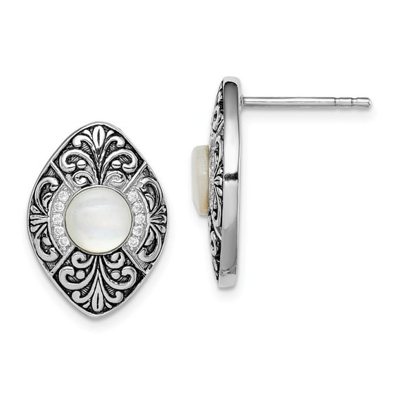 FB Jewels Sterling Silver Rhodium-plated Oxidized w/MOP & CZ Post Earrings
