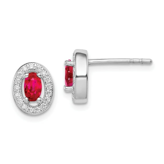 FB Jewels Sterling Silver Rhodium-plated w/ Red & White CZ Oval Stud Earrings
