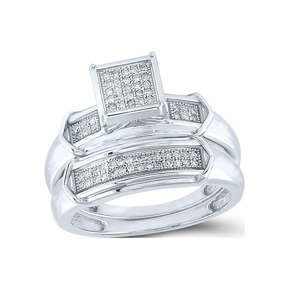 FB Jewels Sterling Silver Round Diamond Square Bridal Wedding Ring Band Set 1/5 Cttw