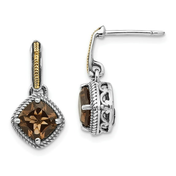 FB Jewels Sterling Silver w/14K Gold Antiqued Smoky Quartz Post Dangle Earrings