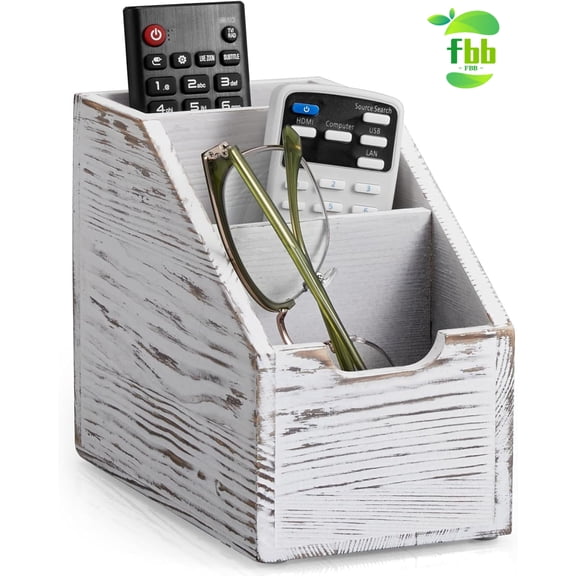 FBB Remote Control Holder, TV Remote Holder, Wood Farmhouse Remote Caddy for Table, Remote Organizer Caddy with 3 Slots, Remote Storage Box for Home Office, Rustic White