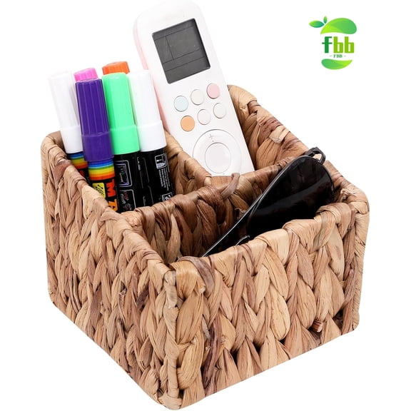 FBB Wicker Remote Control Holder Hand Woven Water Hyacinth Storage Basket with 3 Compartments,Cosmetic Storage Box for Desk,Home Organization