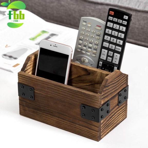 FBB Wood TV Remote Control Holder, Remote Organizer Storage Caddy for Table with 2 Compartments and Decorative Black Metal Wrap Accents, Rustic Burnt