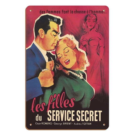 FBI Girl (Les Filles du Service Secret) - Starring Cesar Romero and Audrey Trotter - Vintage French Film Noir Movie Poster c.1951 - 8 x 12 inch Vintage Wood Art Sign