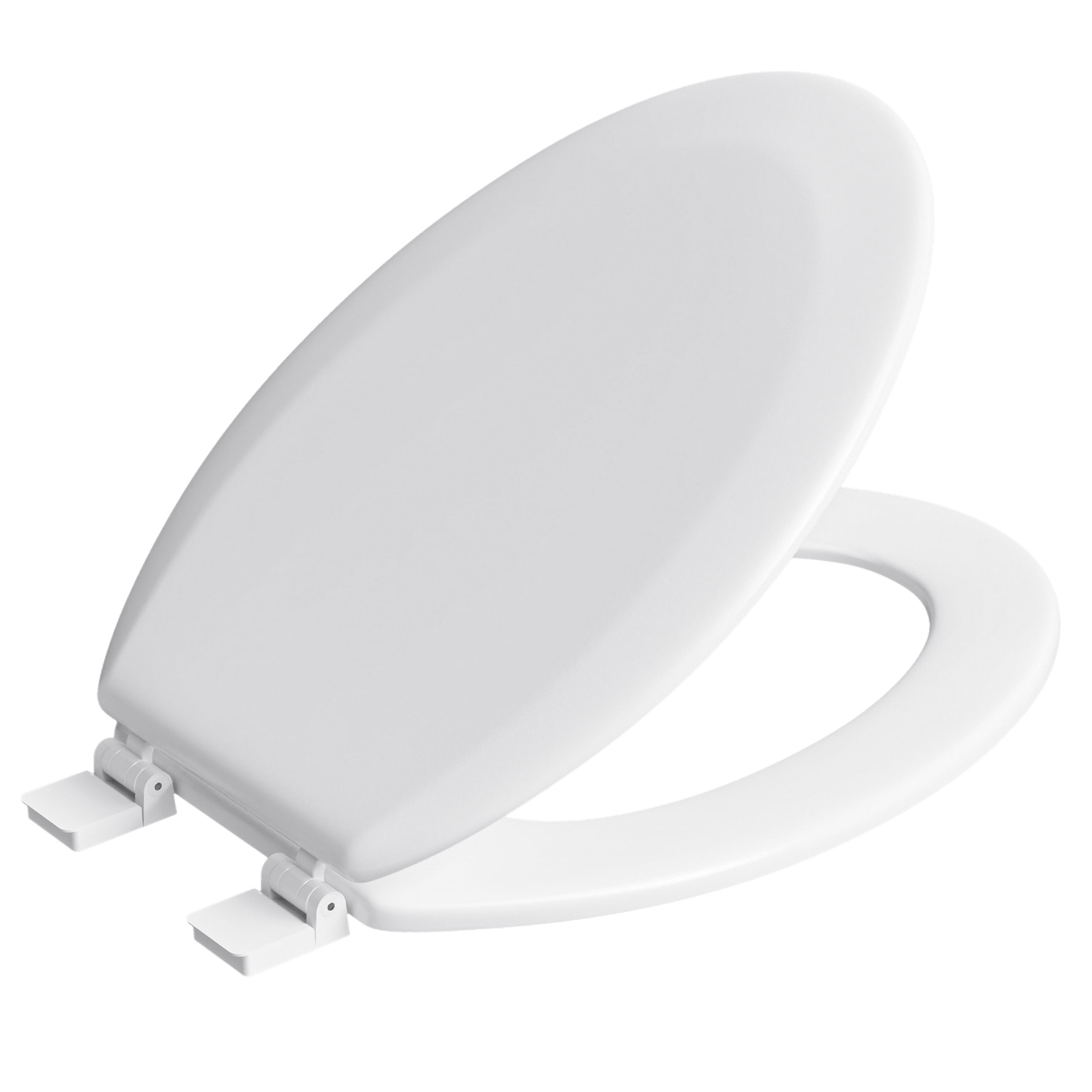 Elongated White Gloss Enameled Wood Toilet Seat with Plastic Hinges