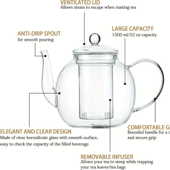 FBL&HM 1500ml/50oz Glass Teapot with 4 Insulated Glass Teacups And Tea Infuser for Loose Leaf Tea, Microwave Dishwasher Safe Tea Sets for Adults, Lead-free Tea Maker, Mothers Day Gifts