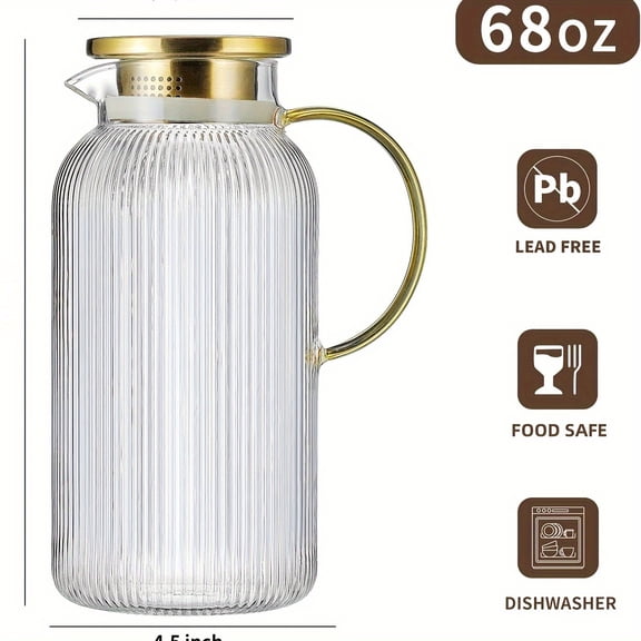 FBL&HM 2/4 PACK Glass Pitcher With Lid, 68 Oz/ 2 Liter Classic Vertical Stripes Water Pitcher, Glass Water Carafe For Cold Brew, Coffee, Lemonade, Iced Sun Tea, Beverage, Milk, Heat Resistant