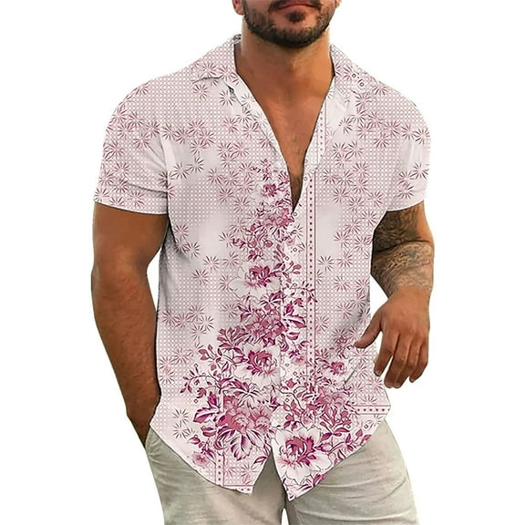 FBMDBB Button Down Shirts for Men Hawaii Shirts Short Sleeve Regular Fit Cotton Beach Shirts Printed Palmshadow Clothing