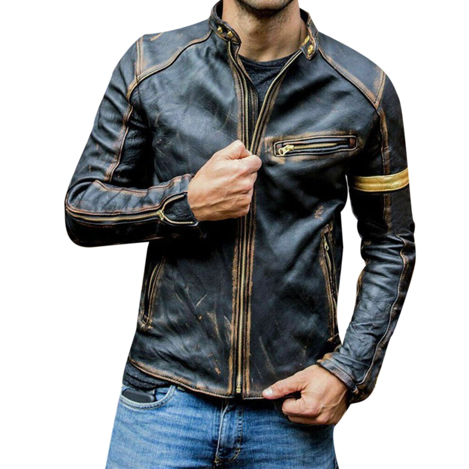 FBMDBB Men's Vintage Stand Collar Pu Leather Jacket Men's
