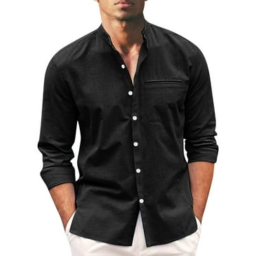 FBMDBB Mens Spring And Summer Fashion Casual Solid Color Cotton And Collar Button Long Sleeve Shirt Top Sleeve Pajama Long Blouse