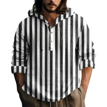 FBMDBB Plus Size Hoodie for Men Striped Guayabera Shirts With Hooded Casual Long Sleeve Sweatshirts Button Down Beach Shirts