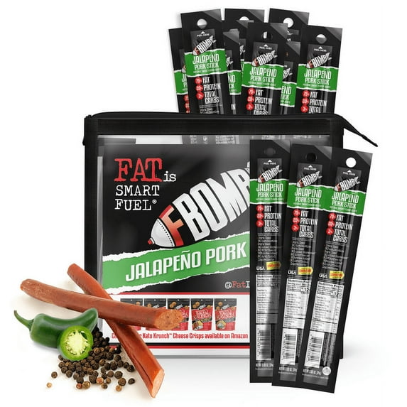 FBOMB Meat Sticks: Jalapeño | Sugar Free, Natural, Gluten Free Pork Jerky | Low Carb Keto Snacks, 12-Count