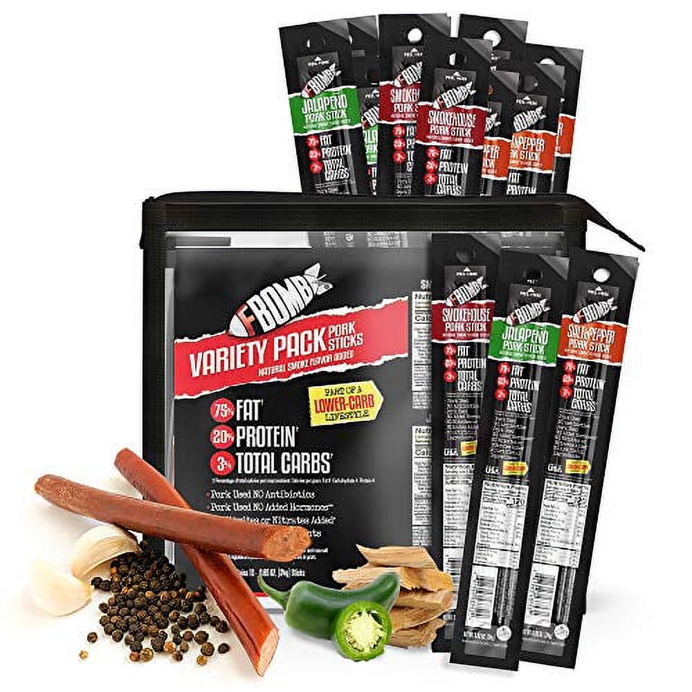 FBOMB Meat Sticks: Variety Pack | Natural Gluten Free Pork Jerky, 12-Count