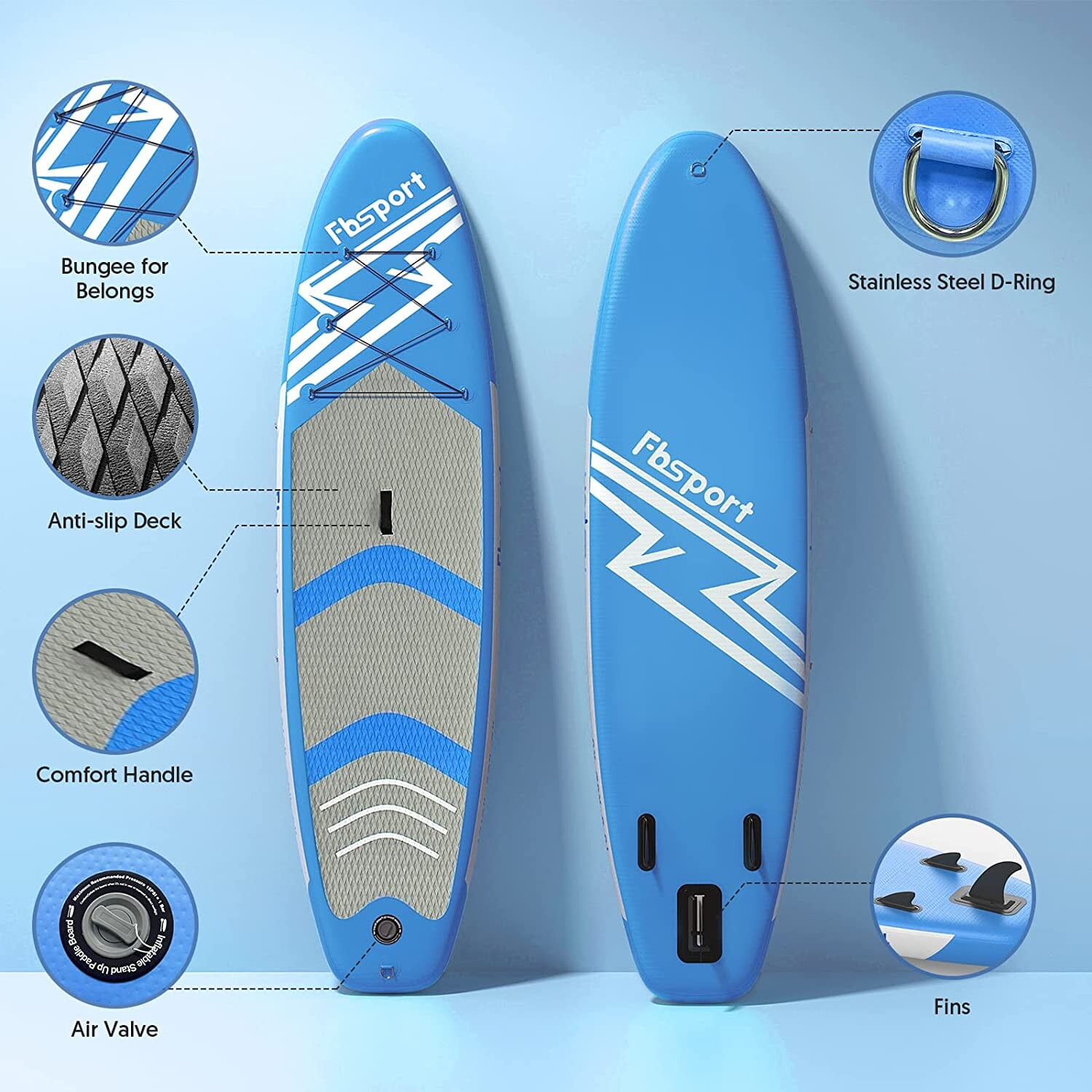 FBSPORT Inflatable Surfboard Leaf-Shaped, Stand Up Paddle Board with  Durable SUP Accessories & Carry Bag Non-Slip Standing Boat, Blue