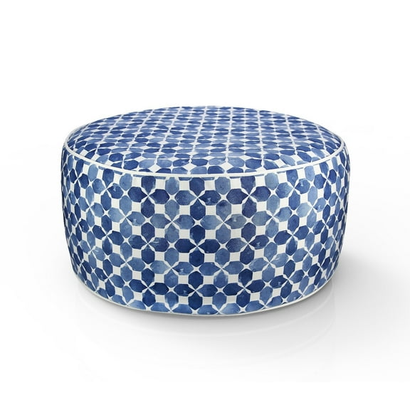 FBTS Prime 21x21x9 inch Round Blue Geometric Fabric Indoor Outdoor Inflatable Ottomans with Insert