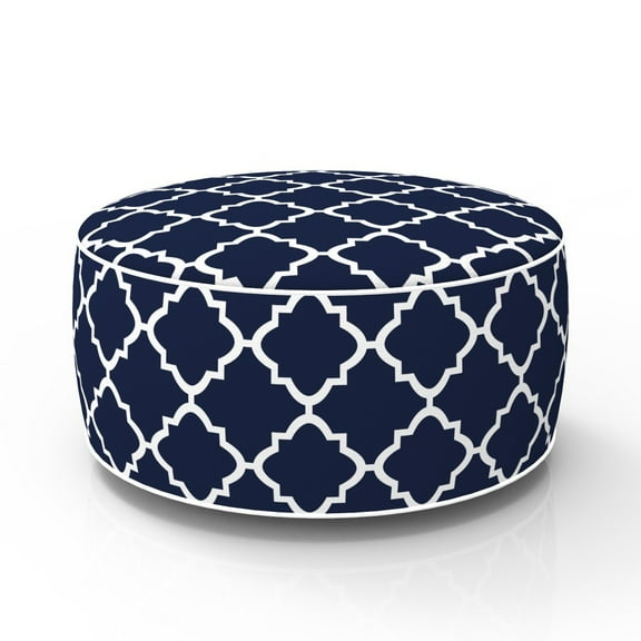 FBTS Prime 21x21x9 inch Round Navy Blue Geometric Fabric Indoor Outdoor Inflatable Ottomans with PVC Insert