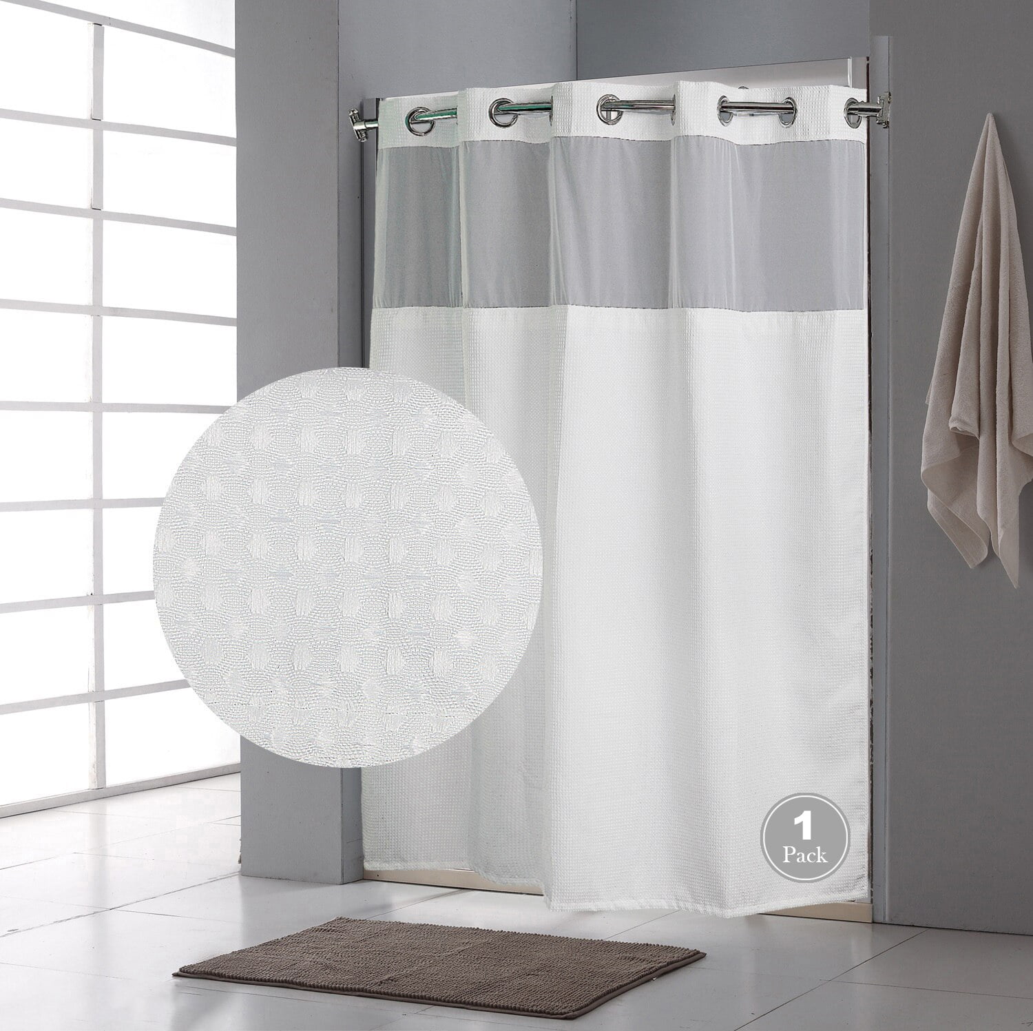 FBTS Prime 71x74 inch White Waffle Fabric Hook Less Shower Curtains ...
