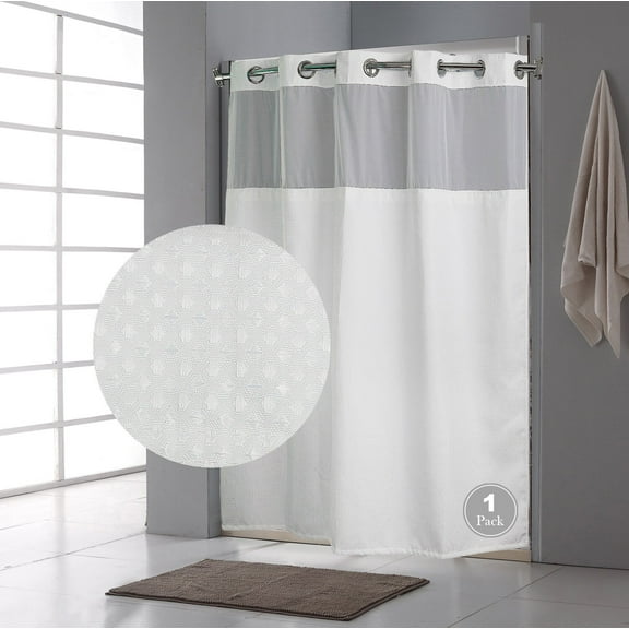 FBTS Prime 71x74 inch White Waffle Fabric Hook Less Shower Curtains with Liner, 1 Per Pack